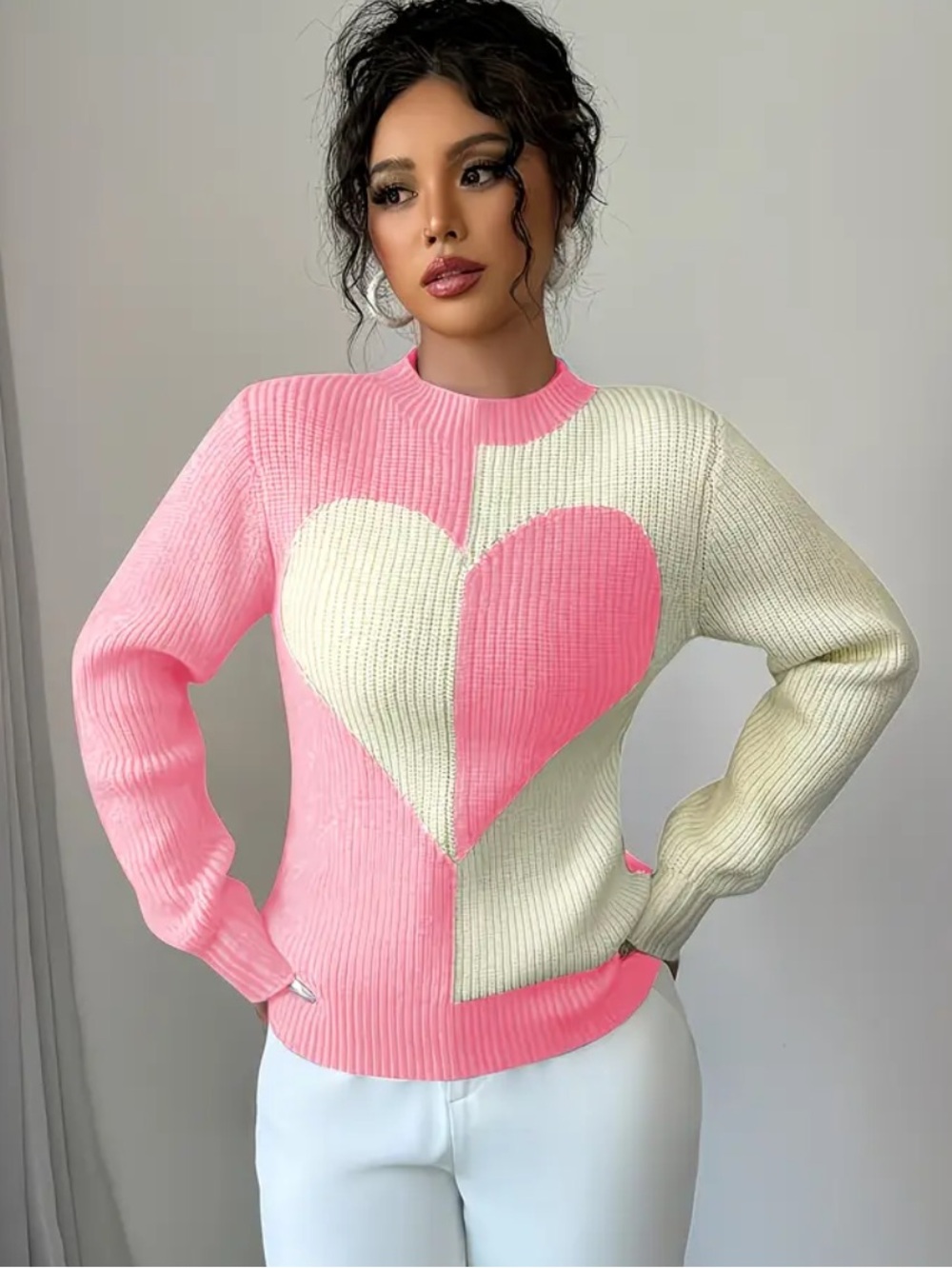 HEART Pink & Cream Color Block Knit Ribbed Crewneck Sweater L NIB - Picture 4 of 6
